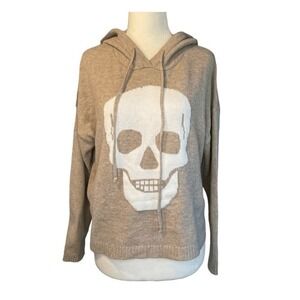 Sweet Romeo Skull Print Hooded Sweater Tan White Knit Long Sleeve Pull-Over S